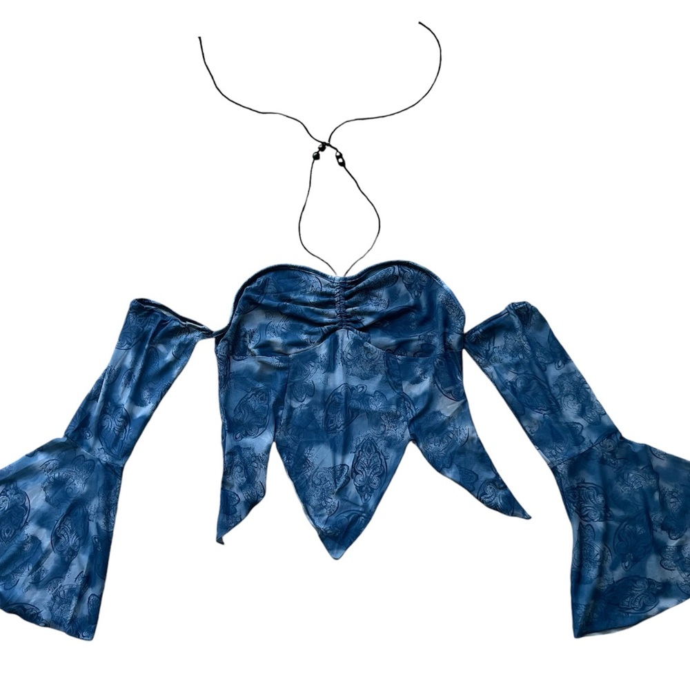 Blue Off-the-Shoulder Beaded Crop Top